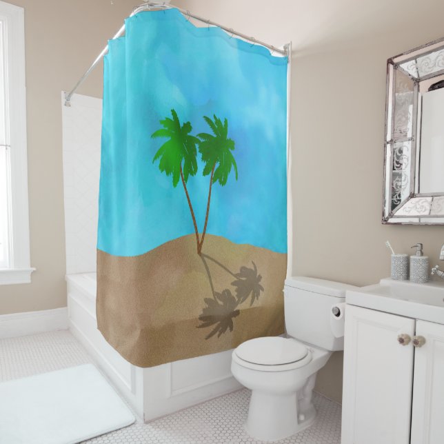 Watercolor Palm Tree Beach Scene Collage Shower Cu (In Situ)