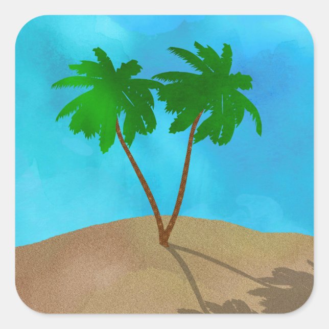 Watercolor Palm Tree Beach Scene Collage Square Sticker (Front)