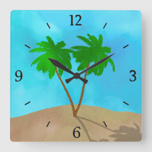 Watercolor Palm Tree Beach Scene Collage Square Wall Clock