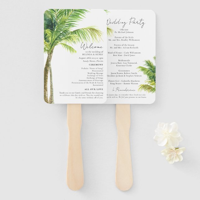 Watercolor Palm Tree Beach Wedding Program Hand Fan (Front and Back)