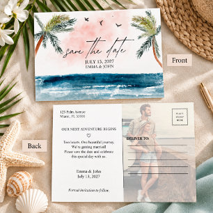 Watercolor Palm Tree Beach Wedding Save The Date  Announcement Postcard
