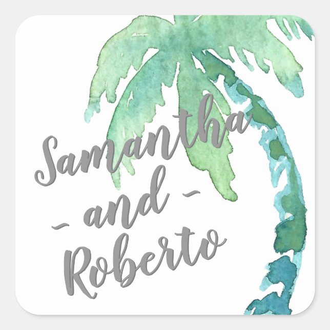 Watercolor Palm Tree Destination Wedding Names Square Sticker (Front)