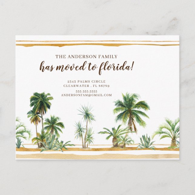 Watercolor Palm Tree Moving Announcement Postcard (Front)