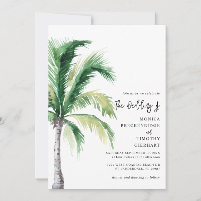 Watercolor Palm Tree Script Destination Wedding Invitation (Front)