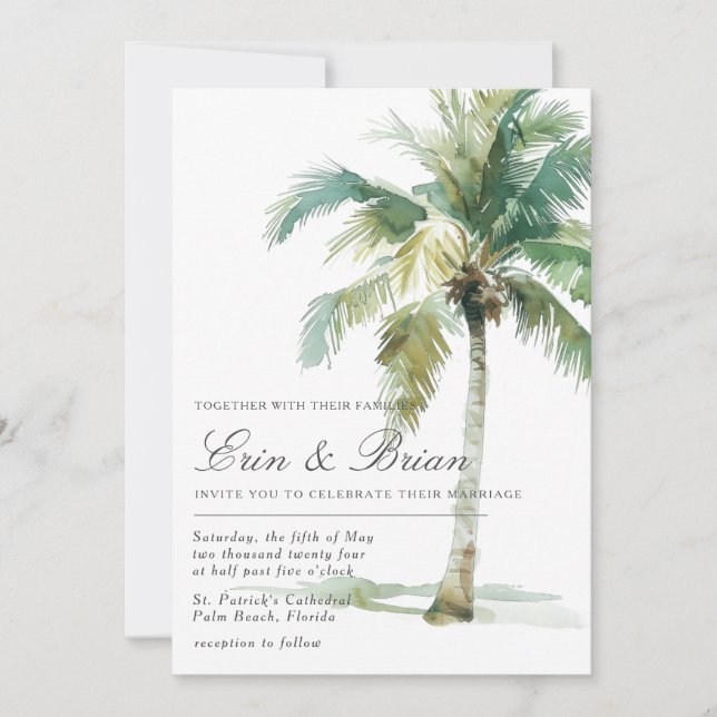Watercolor Palm Tree Wedding Invitation Painted (Front)