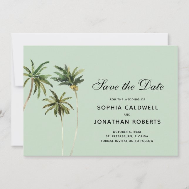 Watercolor Palm Trees Simple Tropical Save The Date (Front)