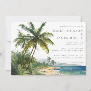Watercolor Palm Trees Tropical Beach Wedding Invitation