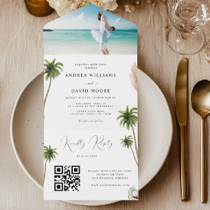 Watercolor Palm Trees Tropical Sand Beach Wedding All In One Invitation