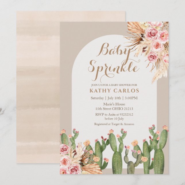 Watercolor pampas grass and Cactus Baby Sprinkle Invitation (Front/Back)
