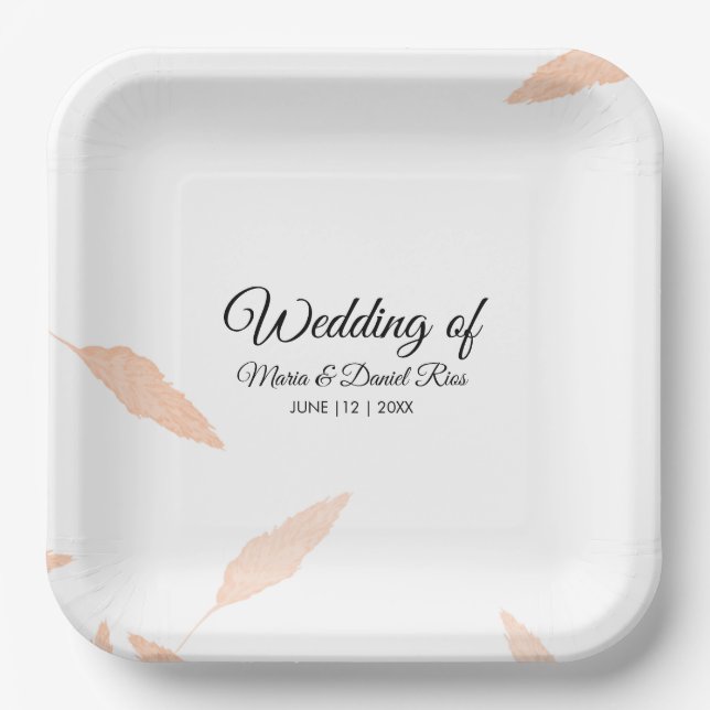 Watercolor Pampas Leaf Silhouette Wedding    Paper Plate (Front)