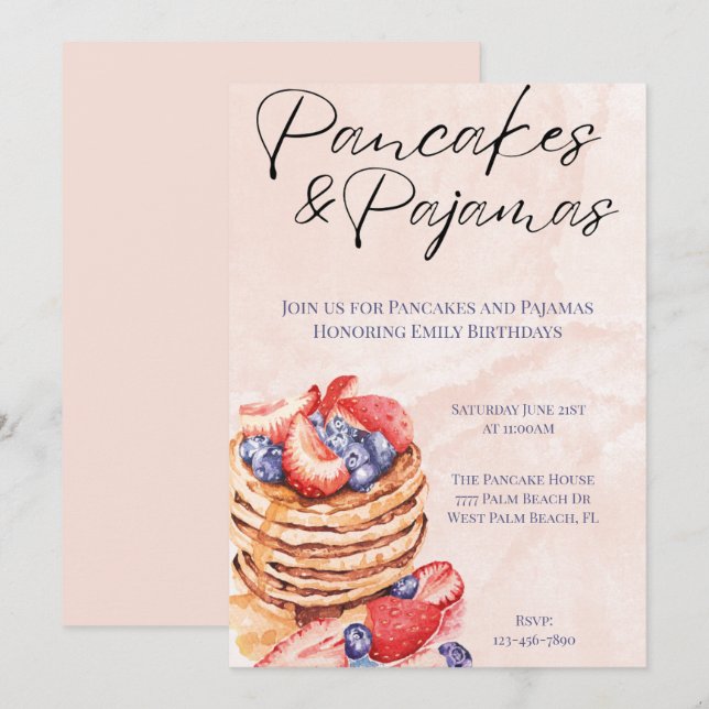 Watercolor Pancakes and Pyjamas Celebration Invitation (Front/Back)