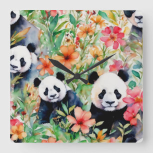 Watercolor Panda Bear Square Wall Clock