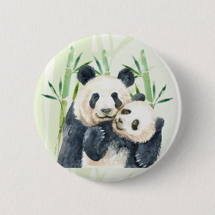 Watercolor Panda Bears Mom & Baby in Bamboo 2 Inch Round Button