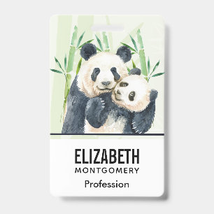 Watercolor Panda Bears Mom & Baby in Bamboo Badge