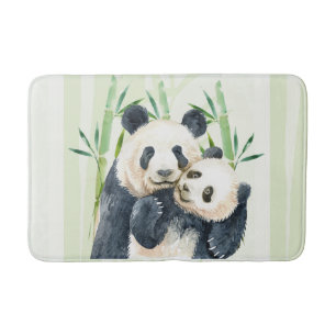 Watercolor Panda Bears Mom & Baby in Bamboo Bath Mat