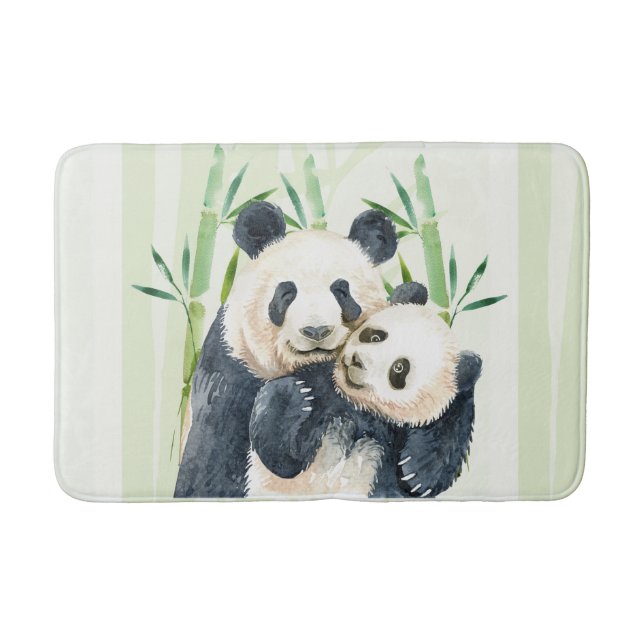 Watercolor Panda Bears Mom & Baby in Bamboo Bath Mat (Front)