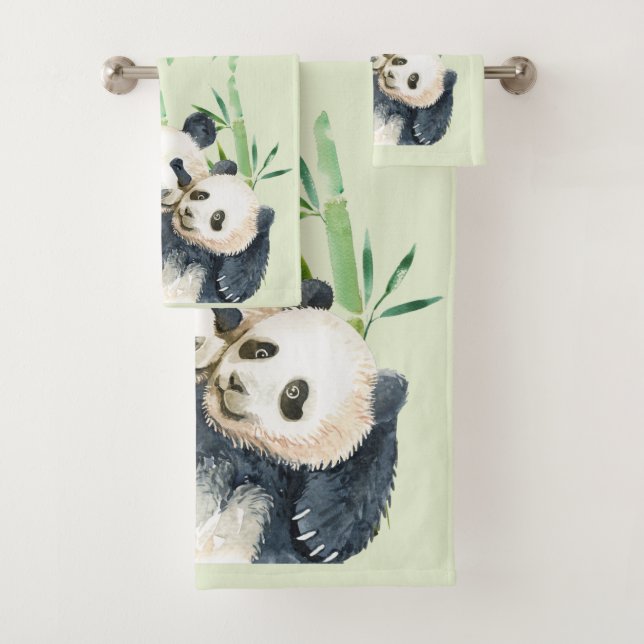 Watercolor Panda Bears Mom & Baby in Bamboo Bath Towel Set (Insitu)