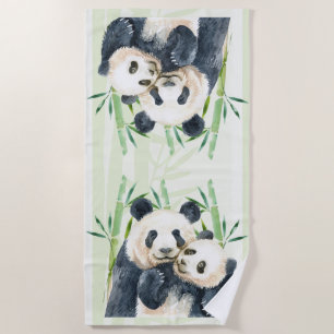 Watercolor Panda Bears Mom & Baby in Bamboo Beach Towel