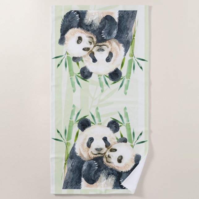 Watercolor Panda Bears Mom & Baby in Bamboo Beach Towel (Front)