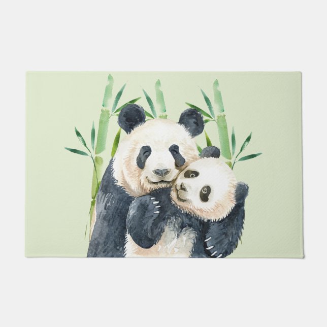 Watercolor Panda Bears Mom & Baby in Bamboo Doormat (Front)