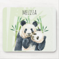 Watercolor Panda Bears Mom & Baby in Bamboo