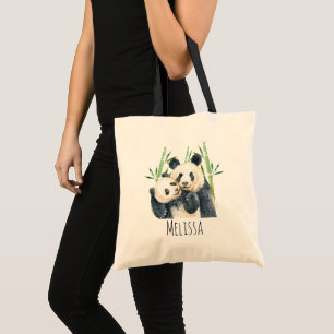 Watercolor Panda Bears Mom & Baby in Bamboo Tote Bag