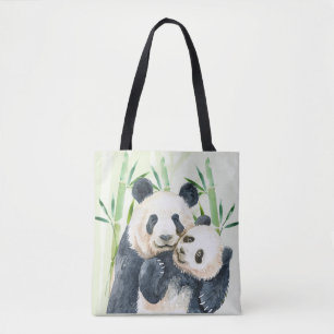 Watercolor Panda Bears Mom & Baby in Bamboo Tote Bag