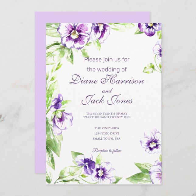 Watercolor Pansies Wedding Invitation (Front/Back)