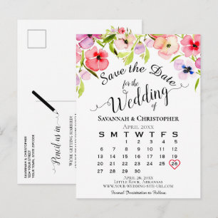 Watercolor Pansies Wedding Save the Date Calendar Announcement Postcard