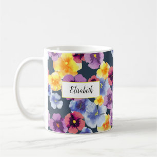 Watercolor Pansy Floral Personalized Navy Blue Coffee Mug