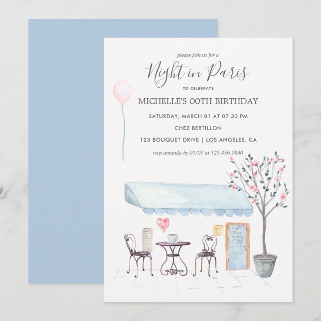 Watercolor Paris Birthday invitation (Front/Back)