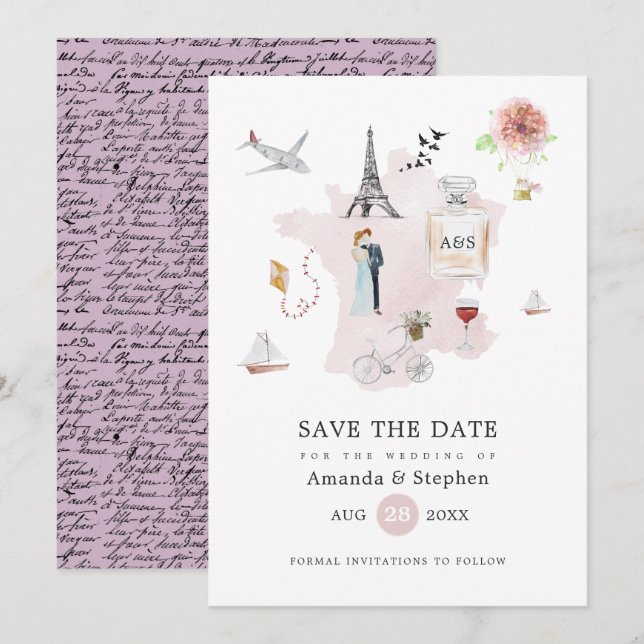 Watercolor Paris Destination Wedding Monogram Save The Date (Front/Back)