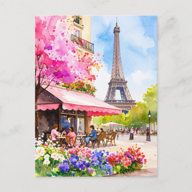 Watercolor Paris Eiffel Tower & Cafe Retro Postcard (Front)