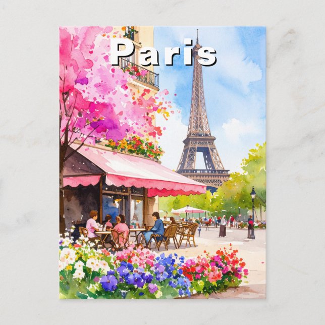 Watercolor Paris Eiffel Tower & Cafe Travel Postcard (Front)