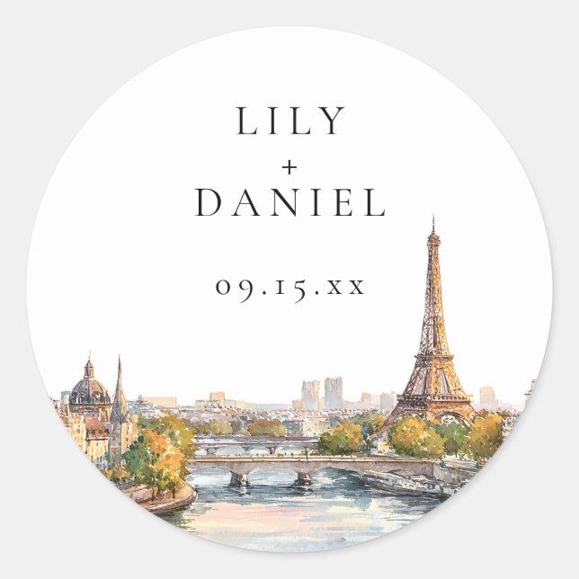 Watercolor Paris France Destination Wedding Classic Round Sticker (Front)