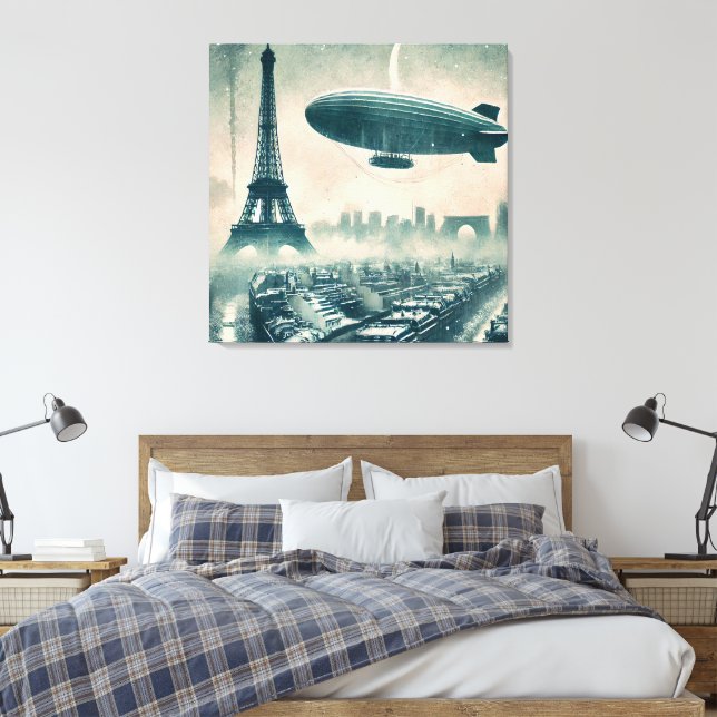 Watercolor Paris Skyline with Dirigible and Eiffel Canvas Print (Insitu(Bedroom))