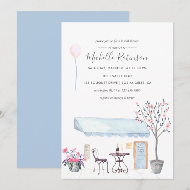 Watercolor Paris themed Bridal Shower invitation (Front/Back)