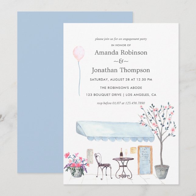 Watercolor Paris themed Engagement Party invite (Front/Back)
