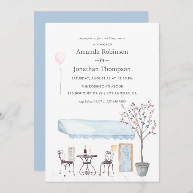 Watercolor Paris themed Wedding Shower invitation (Front/Back)