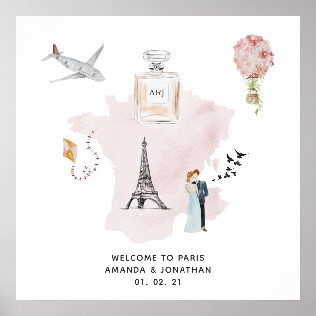 Watercolor Paris Themed Wedding Welcome Monogram Poster (Front)