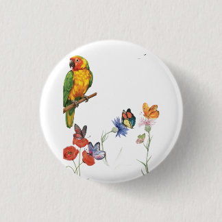 watercolor parrot and butterflies design 1 inch round button