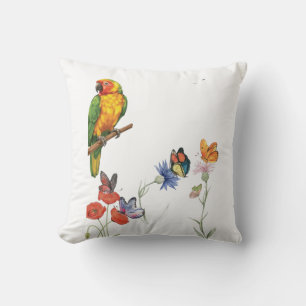 watercolor parrot and butterflies design throw pillow