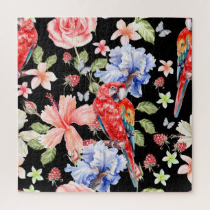 Watercolor Parrot: Floral Pattern Romance. Jigsaw Puzzle