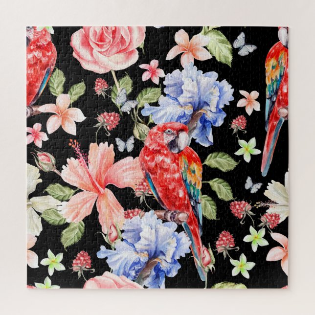 Watercolor Parrot: Floral Pattern Romance. Jigsaw Puzzle (Vertical)