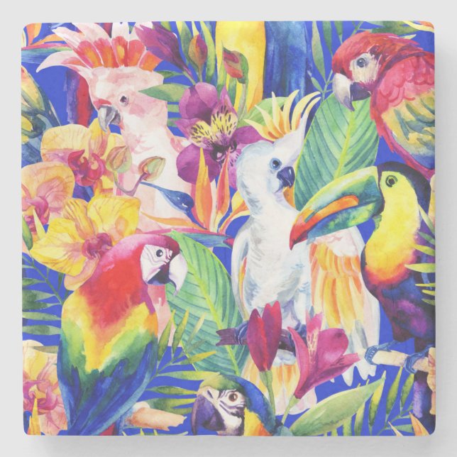 Watercolor Parrots Stone Coaster (Front)