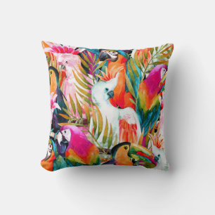 Watercolor Parrots: Tropical Seamless Pattern Throw Pillow