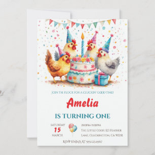 Watercolor Party Chickens Farmyard Birthday Invitation