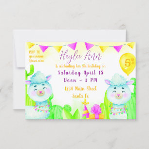 Watercolor party Llamas kid's 5th birthday party Invitation