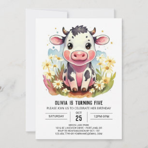 Watercolor Pastel Barnyard Cow Birthday Invitation