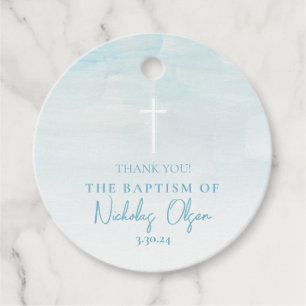 Watercolor Pastel Blue Baptism Circle Favour Tags